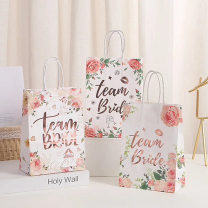 6Pcs Floral Bronzing Team Bride Kraft Paper Gift Packaging Bag Bride To Be Treat Bag Bachelorette Wedding Hen Party Decoration